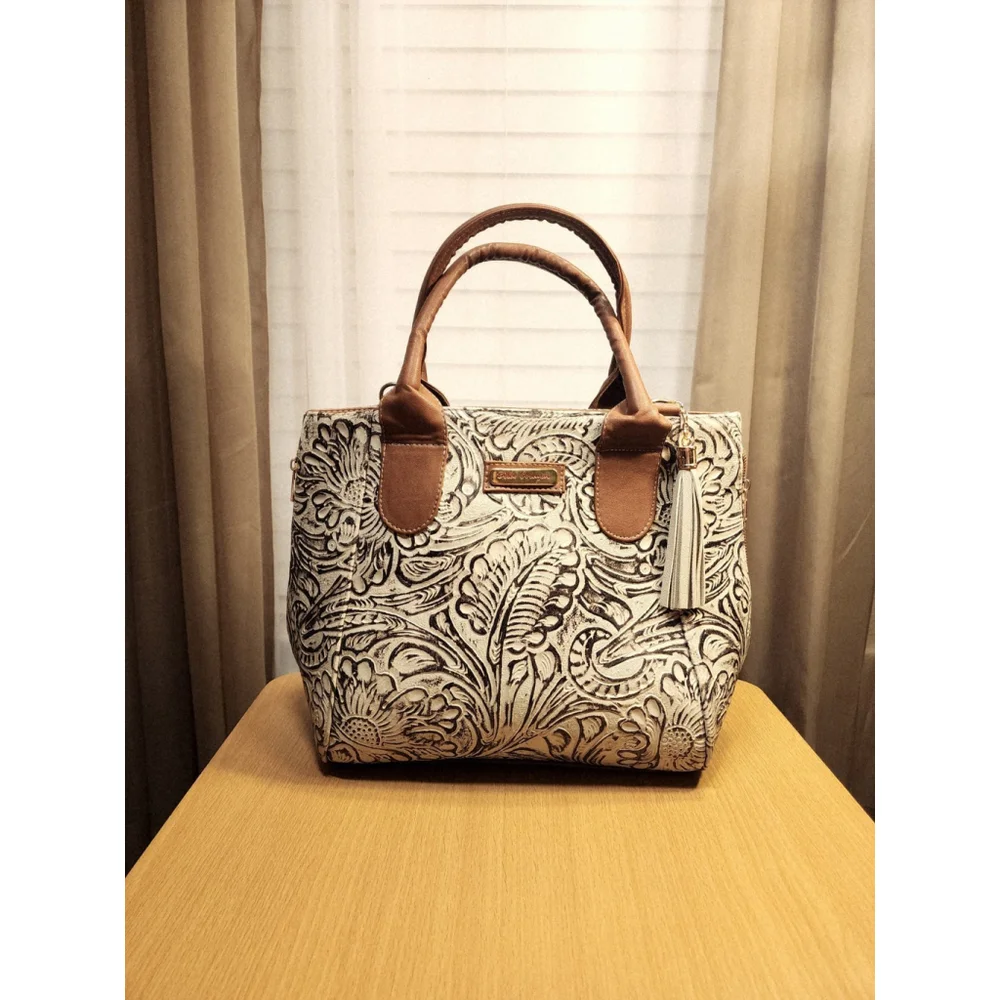 Brown Off White Zippered Floral Embossed Tooled Artisanal LEATHER Bag Purse